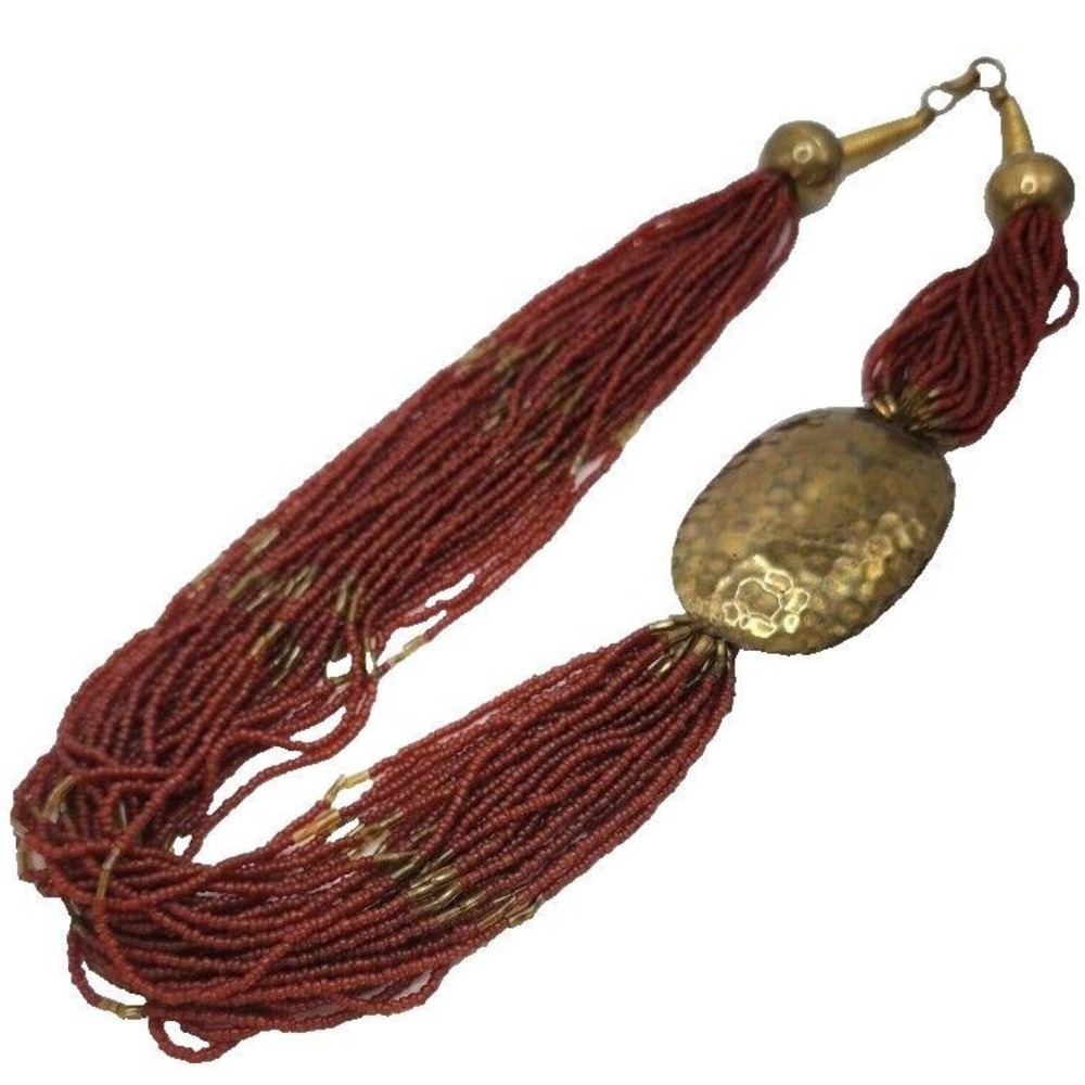 Vintage Boho Multi Strand Glass Seed Bead Necklace Hammered Brass 26" Statement